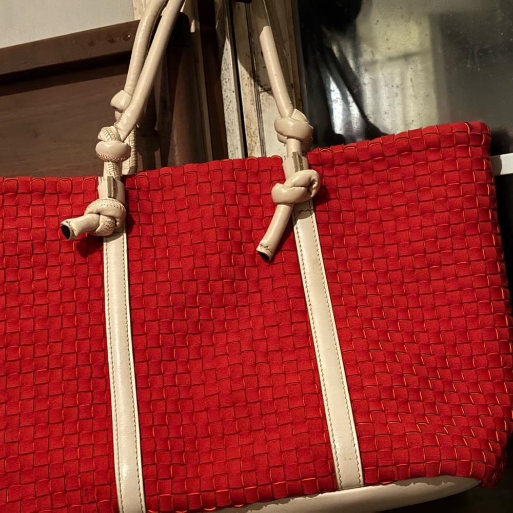 Vibrant Red and Cream Woven Tote with Nautical Straps